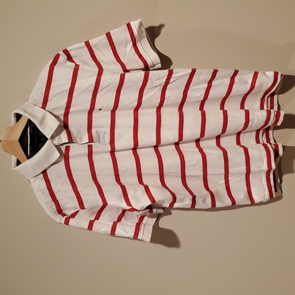 Tommy Hilfiger White and Red Striped Collared Short Sleeve Polo Shirt L - Picture 1 of 7